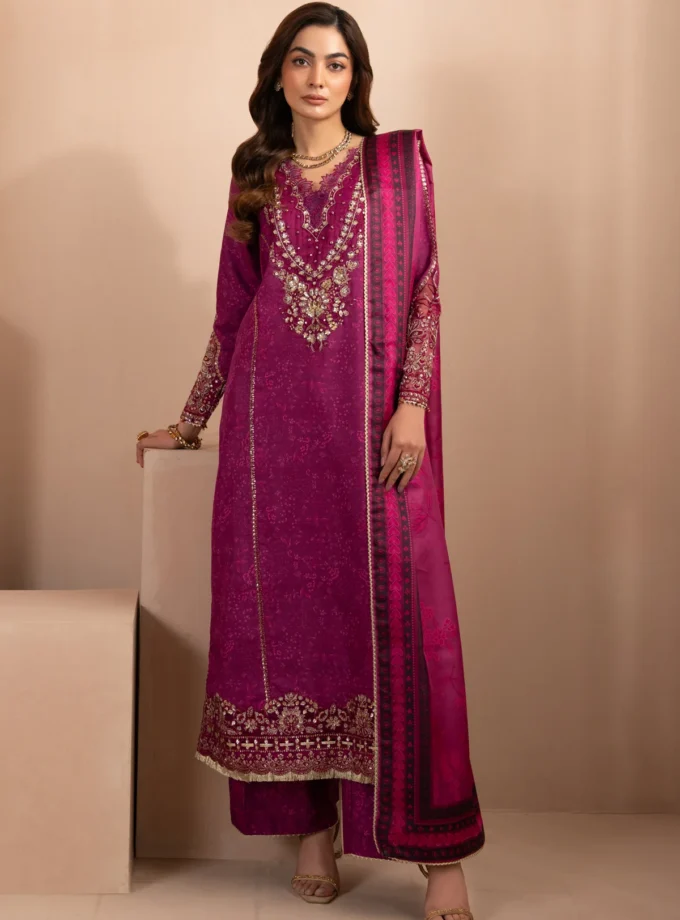 Unstitched 3Pc Printed Embroidered Raw Silk Dress Deme by Xenia-Amayah