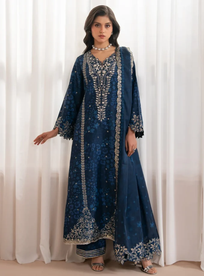 Unstitched 3Pc Printed Embroidered Raw Silk Dress Deme by Xenia-Ryelle