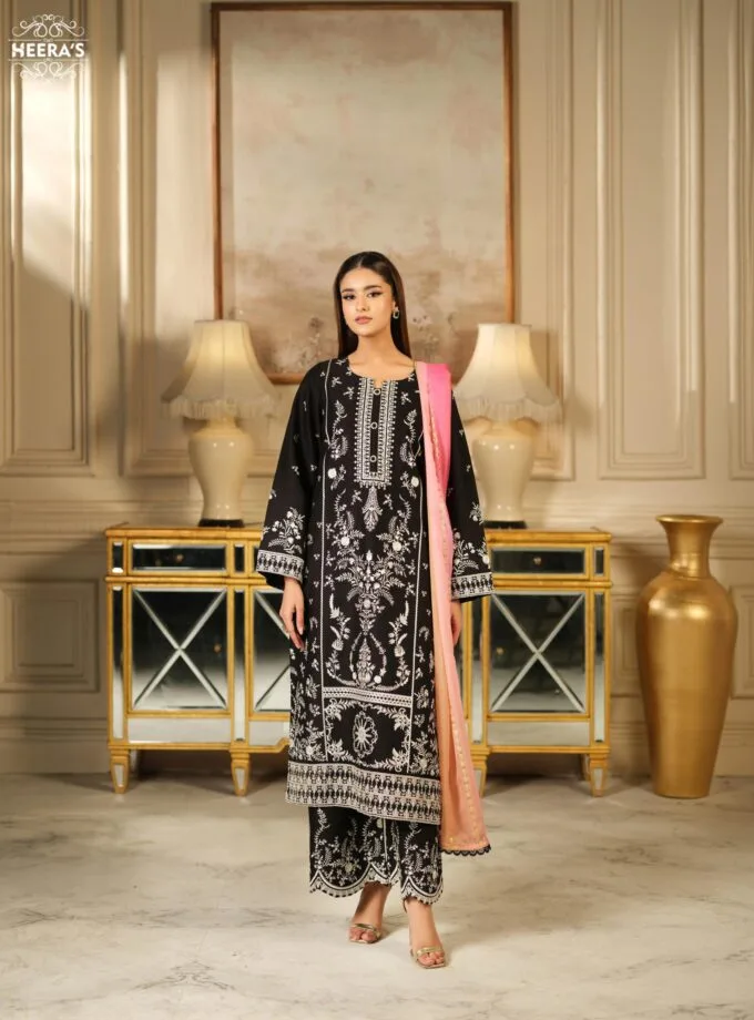 Stitched 3Pc Embroidered Cambric Cotton Dress Monarchia Noir by Heera's HMN-3