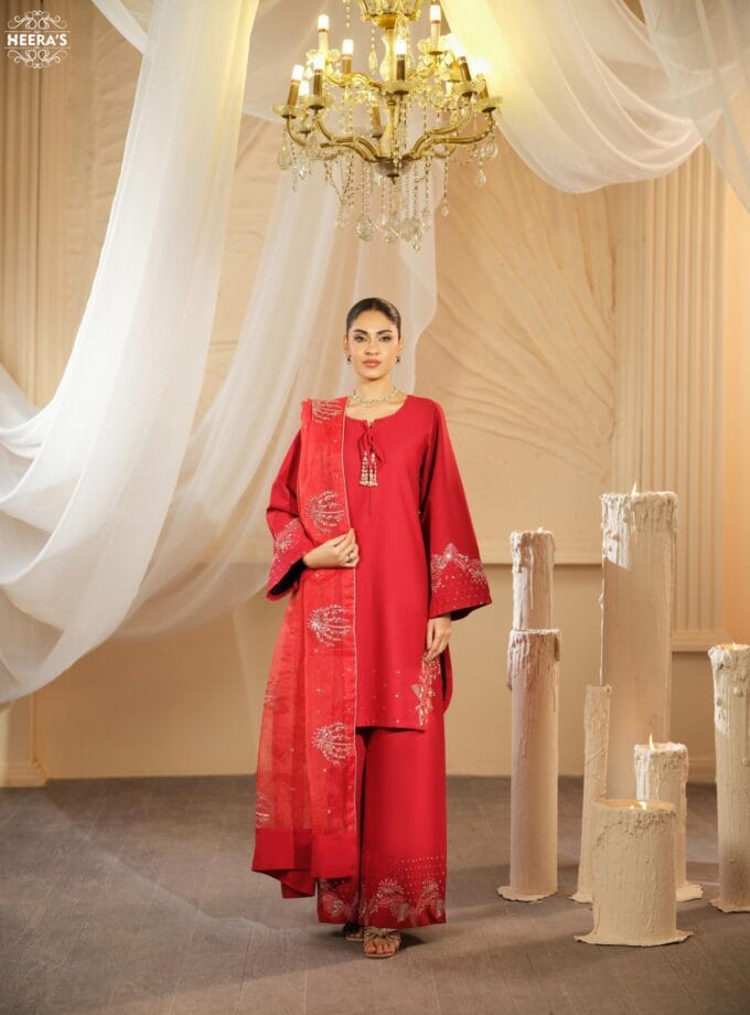 Stitched 3Pc Embroidered Cambric Cotton Dress Scarleta Divine by Heera's HSD-1