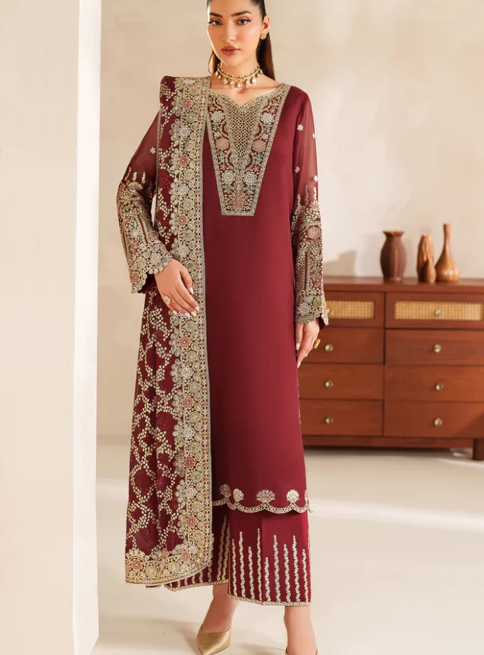 Unstitched 3Pc Embroidered Chiffon Dress Rouge Muse by Farasha 02