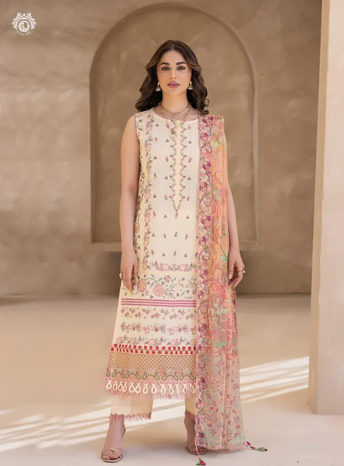 Unstitched 3Pc Embroidered Lawn Dress Sitara Noor by GullJee GJSN-12