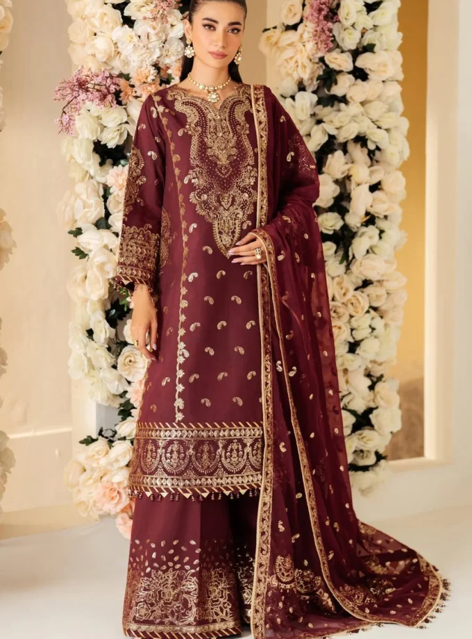 Unstitched 3Pc Embroidered Raw Silk Dress Salsa by Farasha 01
