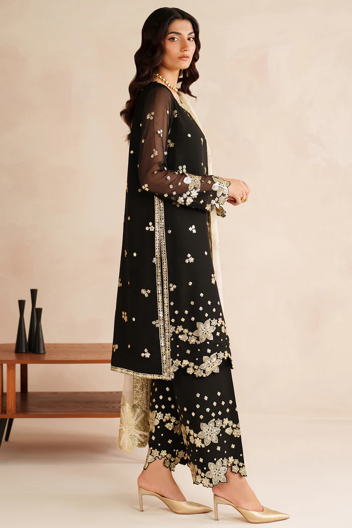 Unstitched 3Pc Embroidered Chiffon Dress Farasha-Gold Shadow - Image 2