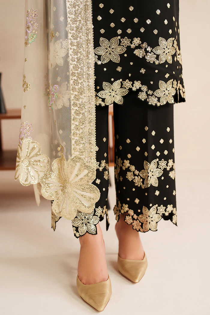 Unstitched 3Pc Embroidered Chiffon Dress Farasha-Gold Shadow - Image 3