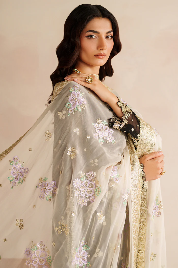 Unstitched 3Pc Embroidered Chiffon Dress Farasha-Gold Shadow - Image 4