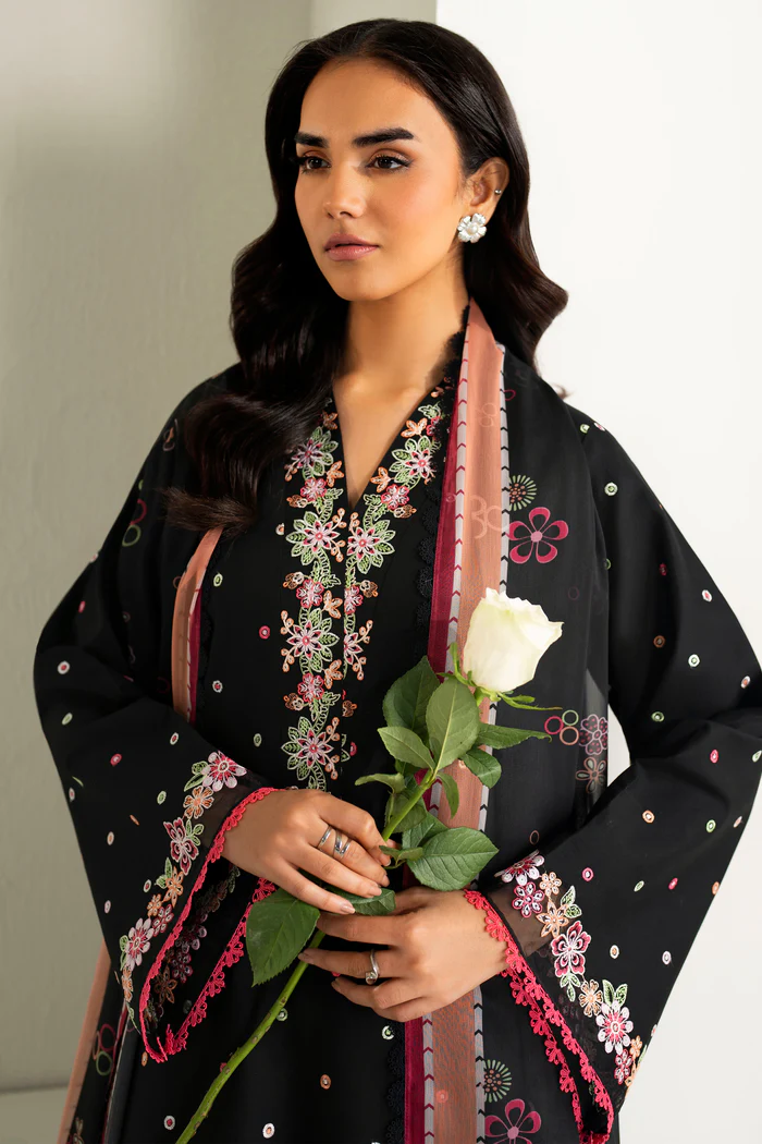 Unstitched 3Pc Embroidered Lawn Dress Farasha-Summer Waves ( Raven Bloom ) - Image 4
