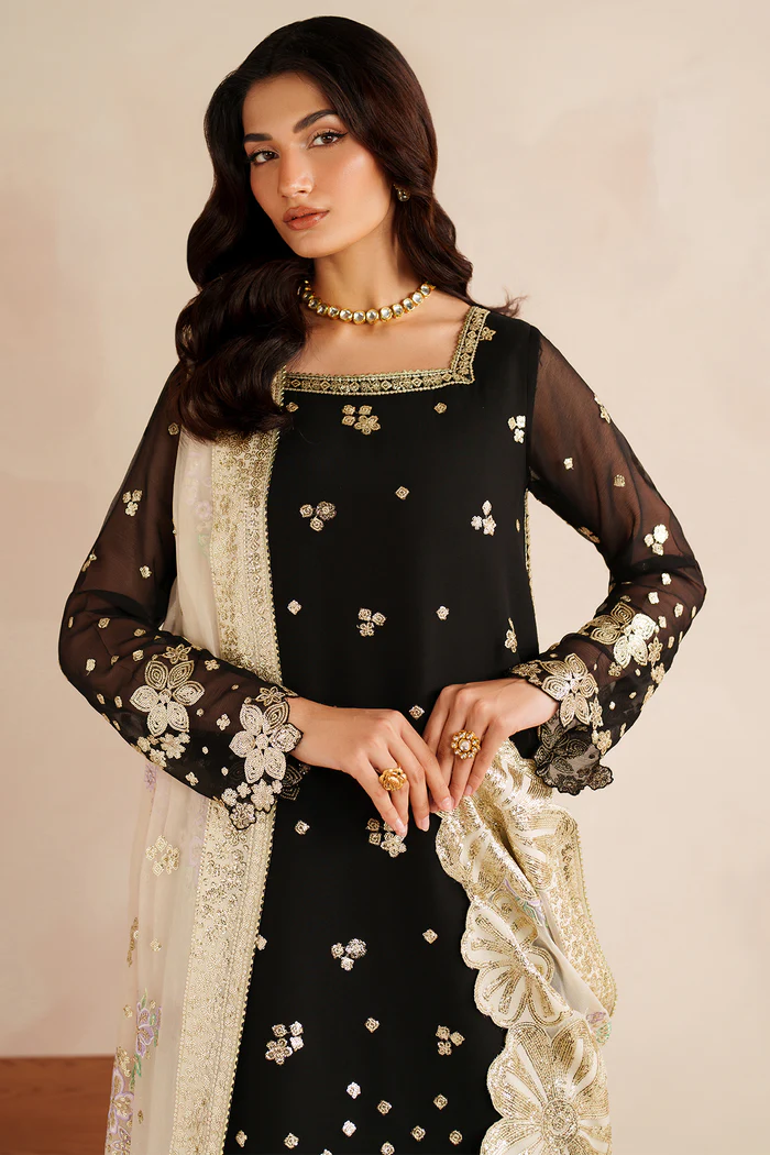 Unstitched 3Pc Embroidered Chiffon Dress Farasha-Gold Shadow - Image 5