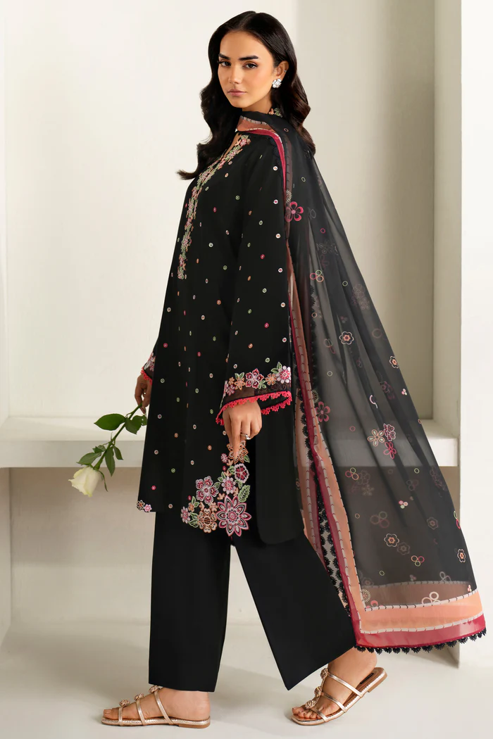 Unstitched 3Pc Embroidered Lawn Dress Farasha-Summer Waves ( Raven Bloom ) - Image 5