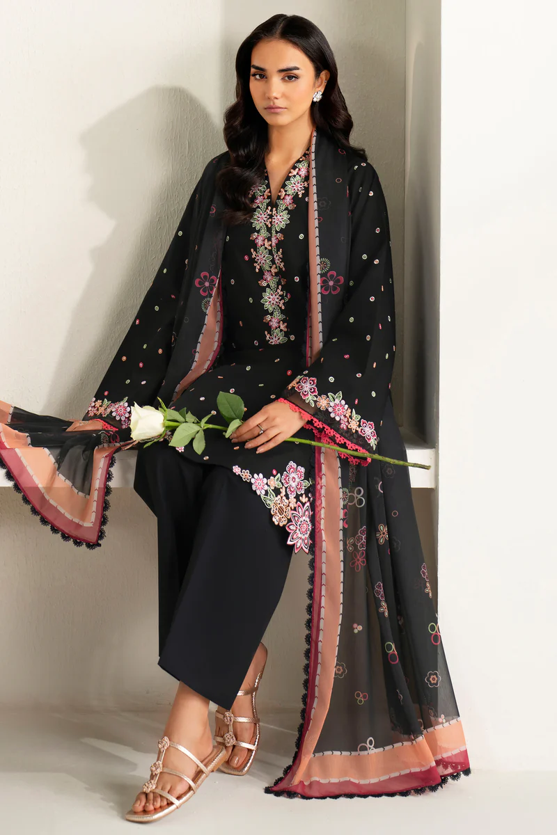 Unstitched 3Pc Embroidered Lawn Dress Farasha-Summer Waves ( Raven Bloom ) - Image 7