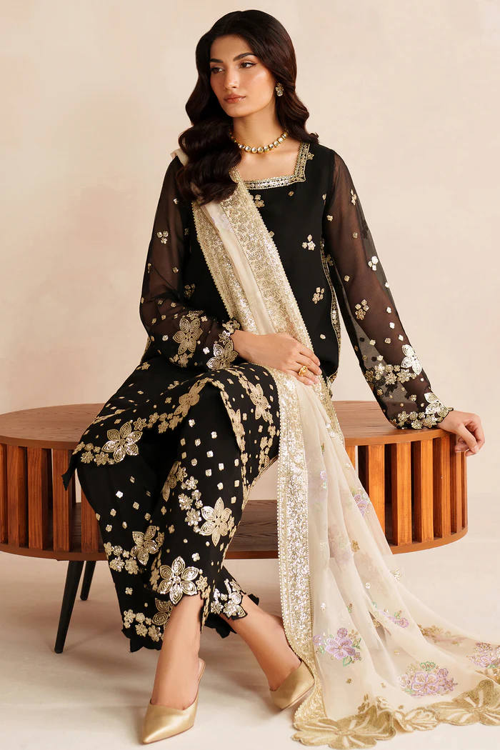 Unstitched 3Pc Embroidered Chiffon Dress Farasha-Gold Shadow - Image 7