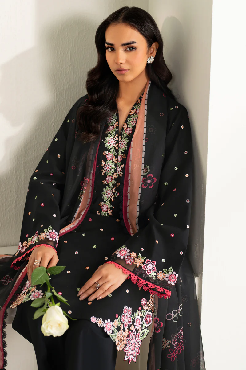 Unstitched 3Pc Embroidered Lawn Dress Farasha-Summer Waves ( Raven Bloom ) - Image 8