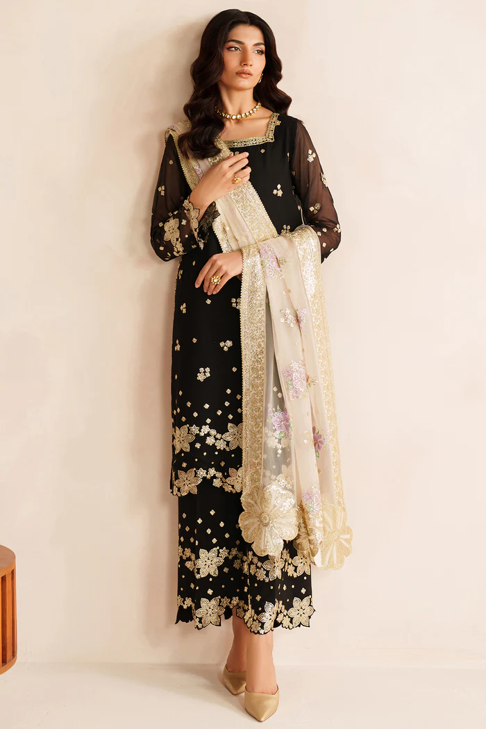 Unstitched 3Pc Embroidered Chiffon Dress Farasha-Gold Shadow - Image 8