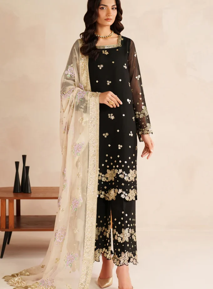 Unstitched 3Pc Embroidered Chiffon Dress Farasha-Gold Shadow