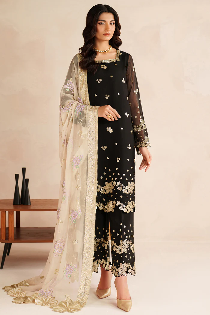 Unstitched 3Pc Embroidered Chiffon Dress Farasha-Gold Shadow