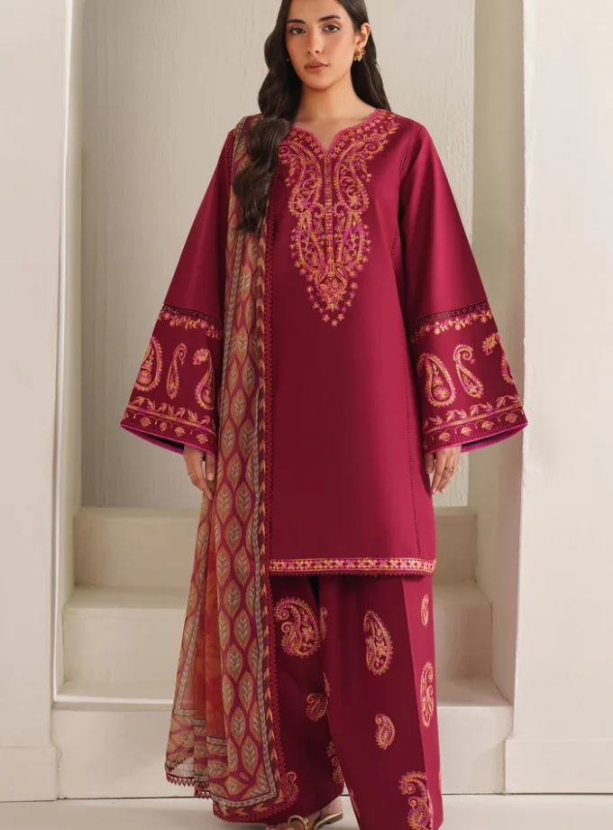 Unstitched 3Pc Embroidered Lawn Dress Farasha-Coral Flare