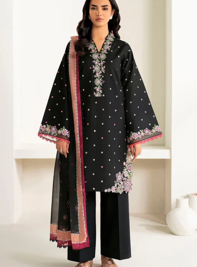 Unstitched 3Pc Embroidered Lawn Dress Farasha-Summer Waves ( Raven Bloom )