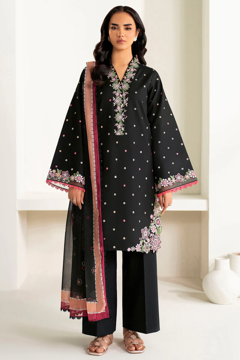 Unstitched 3Pc Embroidered Lawn Dress Farasha-Summer Waves ( Raven Bloom )