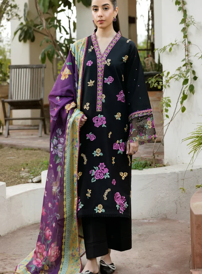 Unstitched 3Pc Embroidered Lawn Dress Farasha-Summer Waves ( Raven Dusk )